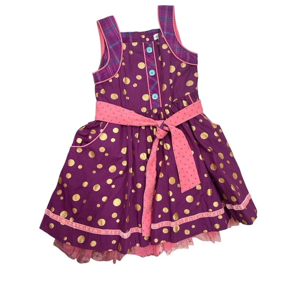 Matilda Jane Plum Gold Polka Dot Plaid Belted Dress With Tulle & Pockets Girls 6